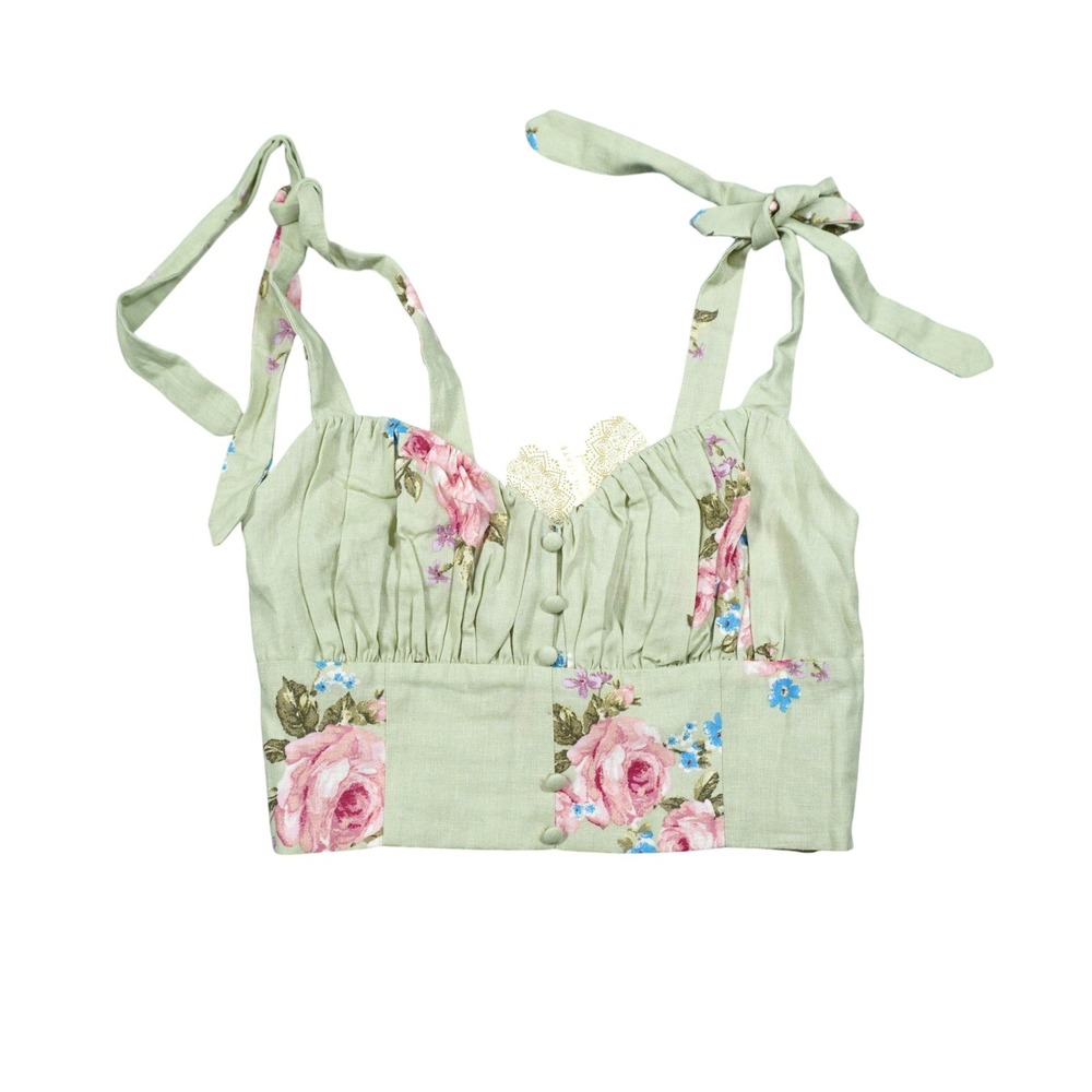 Altar'd State Size XS Sage Floral Linen Blend Tie Strap Crop Top Romantic Garden